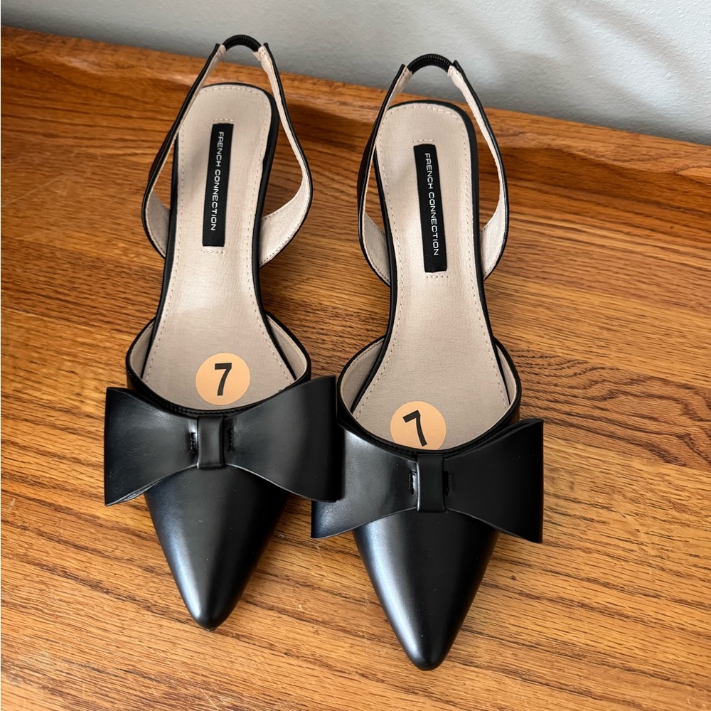 French Connection Black Pointed Bow Kitten Heels
